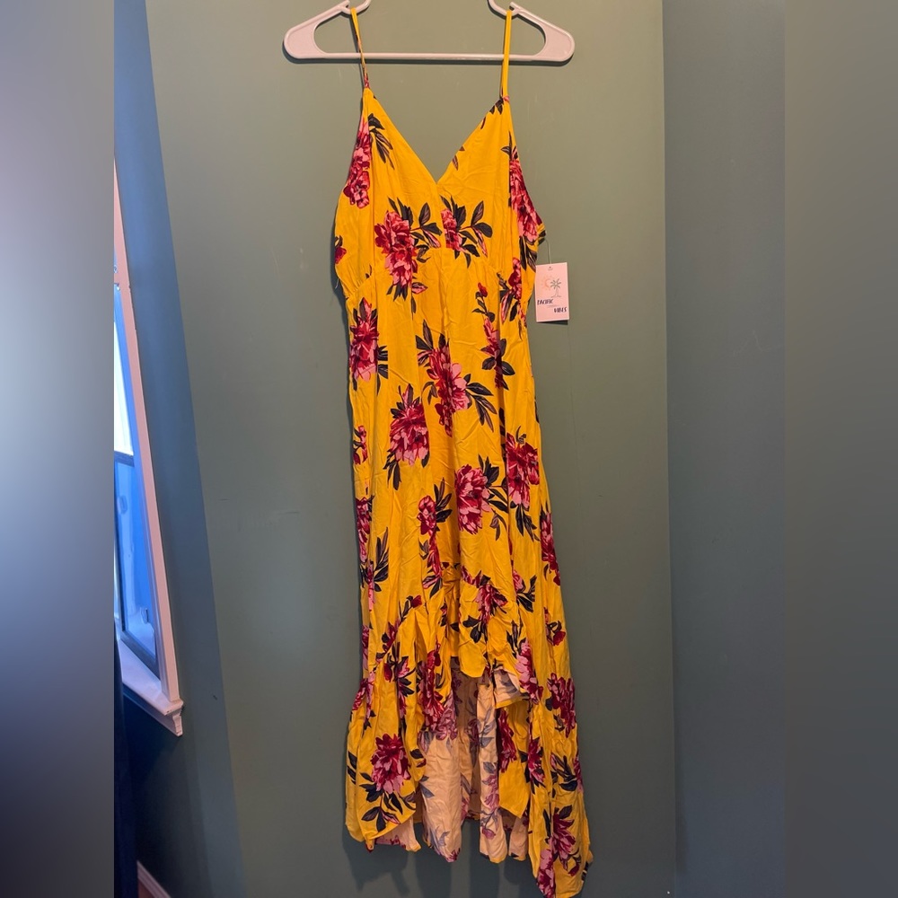 Pacific vibes, beautiful, yellow floral, print sundress